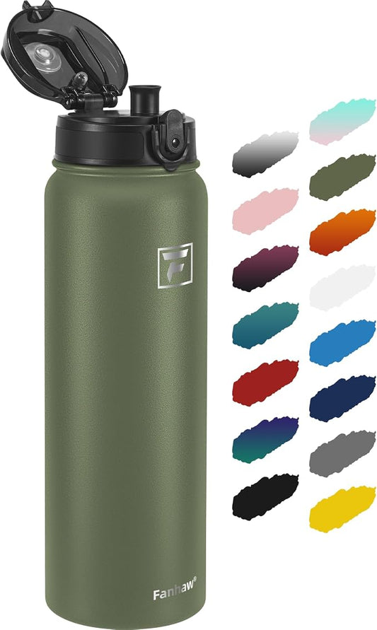 Fanhaw 40 oz Insulated Stainless Steel Water Bottle with Chug Lid, Leakproof & Sweat-Free Extra-Large Metal Bottle for Outdoor, Hiking & Gym (Olive Green)