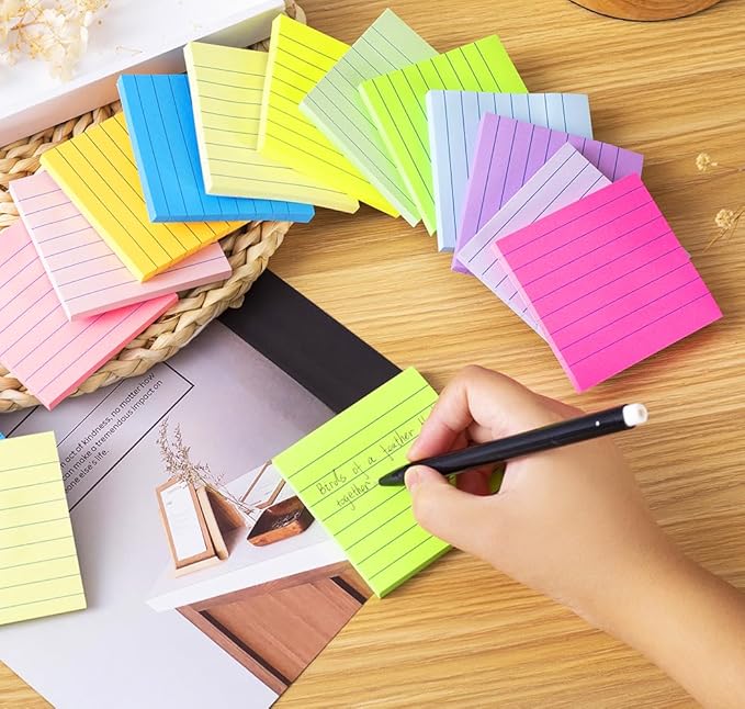 (12 Pack) Lined Sticky Notes 3x3 in,Notepads with Lines,Ruled Stickies Super Sticking Power,Office School Memo Note Pads Bright Colors,Post on Windows Doors,Recyclable,Easy to Write on