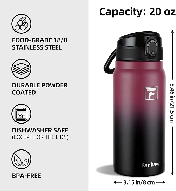 Fanhaw 20 Oz Insulated Stainless Steel Water Bottle with Chug Lid – Wide Mouth, Leak-Proof, BPA-Free – Ideal for Kids, Adults, Sports, Gym, and Outdoor Use (Red Black)