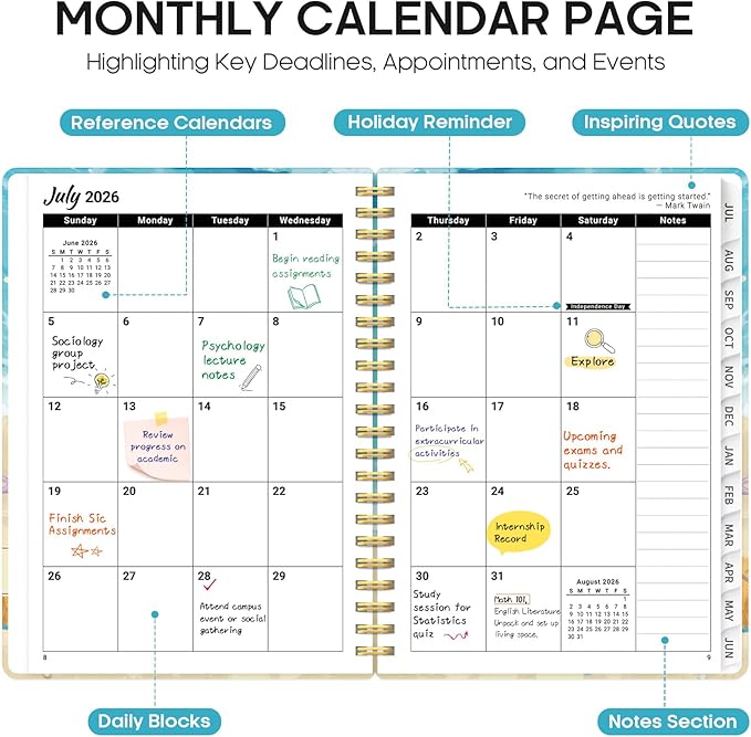 Planner 2026–2027, Academic Monthly Weekly Spiral Calendar, July 2026 – June 2027, Hardcover Agenda Notebook with Tabs, 6.3" x 8.5", Perfect for Students, Teachers, School & Daily Planning - Beach Pups