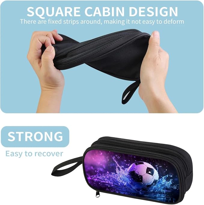 Firmiso Kids Pencil Case, Soccer Water Splash Graphic, Large Capacity Double Zipper Pencil Pouch with Compartments, Durable Polyester Stationery Organizer, Pen Bag for Boys Girls Teens