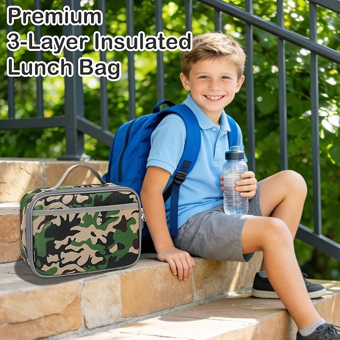 FlowFly Kids Lunch box Insulated Soft Bag Mini Cooler Back to School Thermal Meal Tote Kit for Girls, Boys, Forest