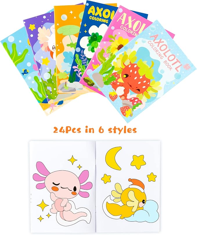 Dvbonike 24Pcs Axolotl Coloring Books Amphibian Theme DIY Art Booklet with Cool Drawing Patterns Birthday Party Favors Halloween Gifts Home School Classroom Activity Supply for Kids Age 4-8