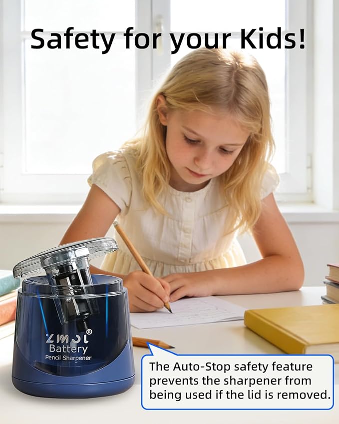 ZMOL Battery Powered Electric Pencil Sharpener,Small Battery Operated Colored Pencil Sharpeners Portable for Kids,Fast Sharpen, Suitable for No.2/Colored (6-8mm), School/Classroom/Office/Home Blue