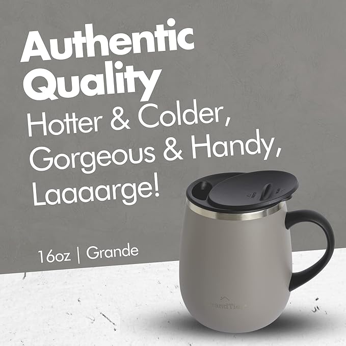 GRANDTIES Insulated Coffee Mug with Handle - Sliding Lid for Splash-Proof 16oz Wine-Glass Shape Thermal Tumbler with Double Walled Vacuum Stainless Steel to Keeps Beverages Hot or Cold-Caffe Latte