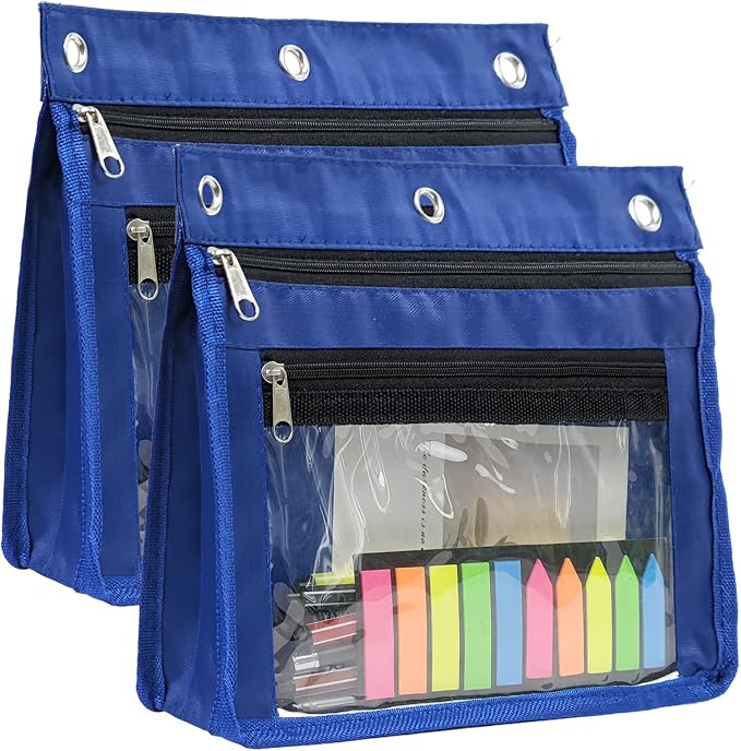 YoeeJob 2 Pack Expandable Pencil Pouches for 3 Ring Binders, Blue | 1-inch expansion, 2 clear PVC pockets, 3 holes, large-capacity storage for school and office supplies.