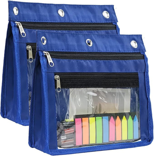 YoeeJob 2 Pack Expandable Pencil Pouches for 3 Ring Binders, Blue | 1-inch expansion, 2 clear PVC pockets, 3 holes, large-capacity storage for school and office supplies.