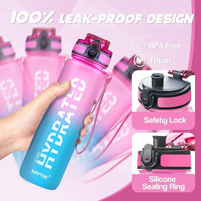 Water Bottle, 32 oz Sports Water Bottles with Time Marker Wide Mouth, Motivational and Leakproof Drink Bottle, BPA Free Tritan with Carry Strap for Gym Fitness Outdoor(1 Bottle)
