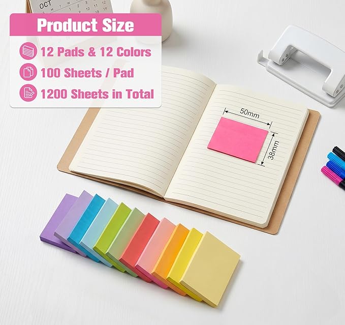 Agoer 1200 Sheets Mini Sticky Notes - 2 x 1.5 Small Sticky Pads, Clean Removal, Bright Colors Self-Stick Pads - Colorful Notes for Office, Home, School (12 Colors)