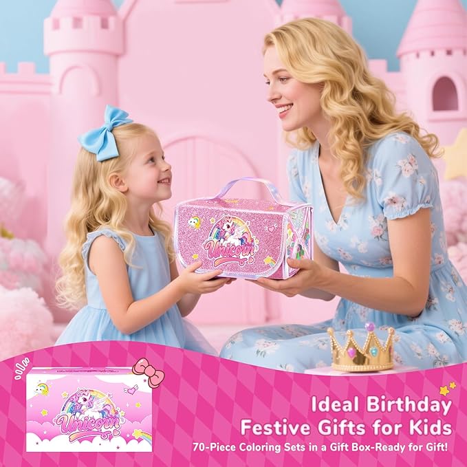 70 PCS Unicorn Arts and Crafts for Girls Ages 4-6-8, Art Supplies Set with 3D Rainbow Glitter Pencil Case, Washable Dual Markers, Scented Gel Pens, Twist-up Crayons & Unicorn Stickers, Birthday Gift