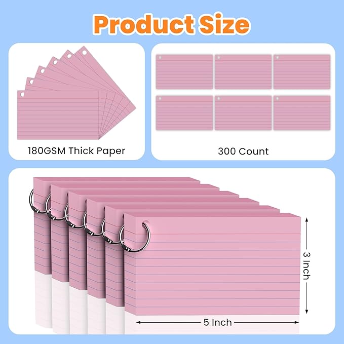 300 Count Pink Index Cards 3x5 Inch with Ring, Heavy Weight Flash Cards, Note Taking Supplies, Portable Note Cards, Study Flashcards for Students & Teachers, Office Home School Study Supplies