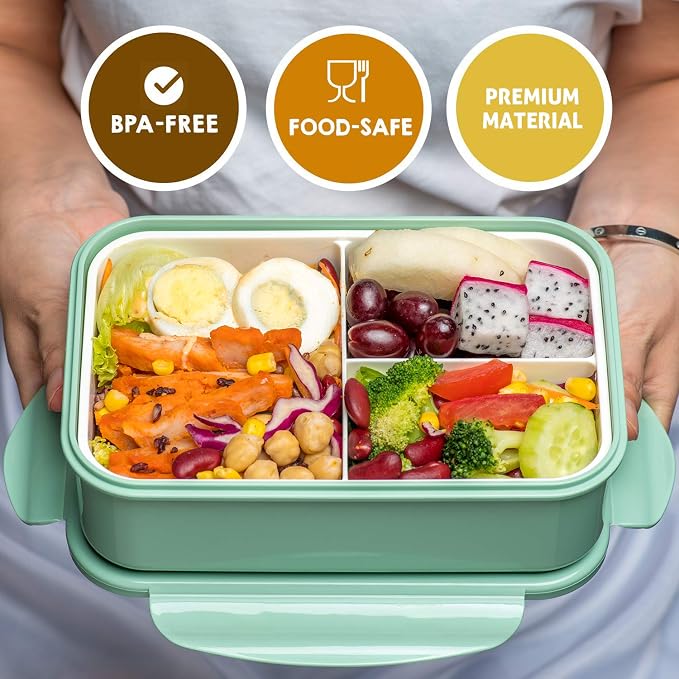 LOVINA Bento Boxes for Adults - 1100 ML Bento Lunch Box Container For Kids | Built-in Spoon & Fork - BPA-Free and Food-Safe Materials, Durable Perfect Size for On-the-Go Meal(Green)