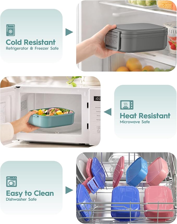 BiuLeon Bento Box Adult Lunch Box, 65 Oz Capacity Lunch Containers(Adjustable 2/3 Tier), BPA-Free, Leak-Proof and Stackable Bento Lunch Box, Microwave & Dishwasher Safe with Utensils(Gray)