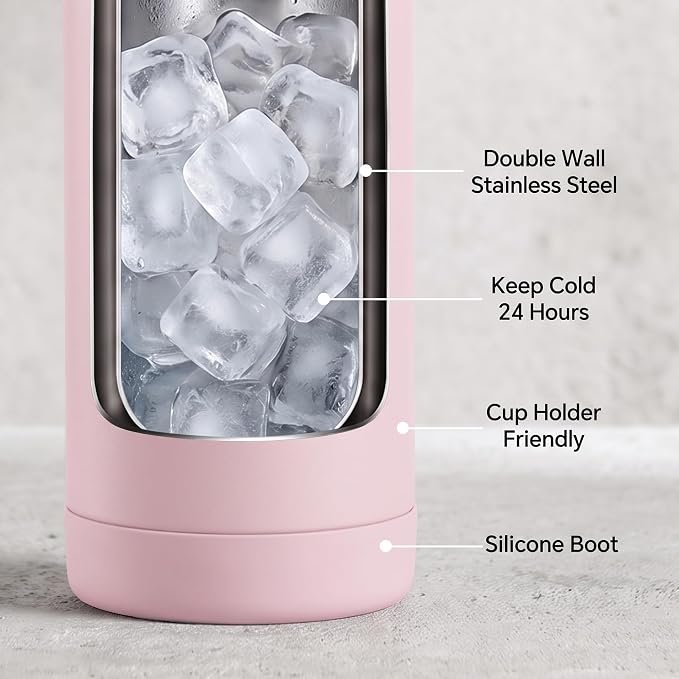 Fijinhom 18oz Insulated Stainless Steel Water Bottle, Wide Mouth Double Wall Vacuum, Silicone Straw, Sweat & Leak Proof, BPA Free Insulated Water Flask for Travel, Keep Cold 24h Hot 12h, Coral Pink