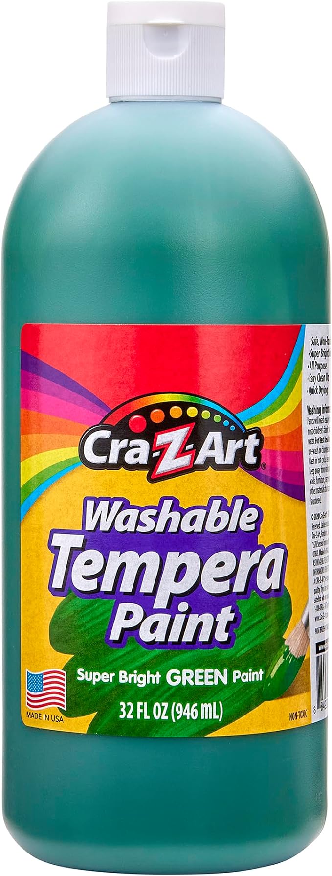 Cra-Z-Art Washable Tempera Paint Bulk Pack 6 Color Set Assorted Colors 32oz each bottle, 6 Super Bright Finger Paint Color, Great Back to School Teacher Supplies