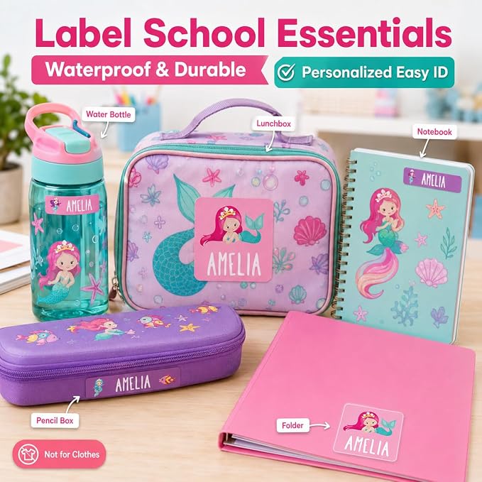 Andaz Press Mermaid 120-Pack Custom Personalized Waterproof School Name Labels, Kids Labels Combo Pack, Customizable Multi-Use Name Stickers