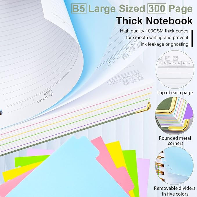 Hardcover Spiral Notebook 8"x10" Journal Notebook with Tabs and Removable Dividers 300 Pages 5 Subject Notebook College Ruled, Faux Leather Spiral Bound Notebook for Women School Work (Sage Green)