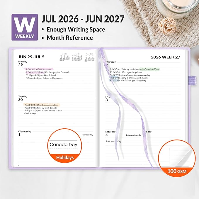 SUNEE 2026-2027 Weekly & Monthly Hardcover Planner 5.5" x 8.3" - 12 Month (July 2026 - June 2027), Small Academic Year Calendar Planner, Pocket, Notes, 100 GSM Paper, Purple