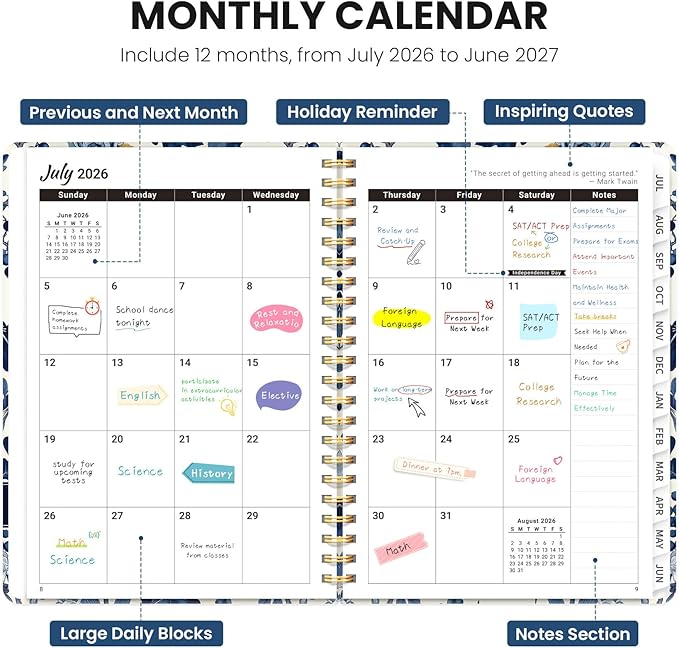 Planner 2026-2027, Academic Planner Weekly and Monthly, Jul 2026 - Jun 2027, Spiral Bound School Planning Tool with Tabs and Pocket, Perfect for Students & Teacher, 8.5" x 11", Blue Heirloom