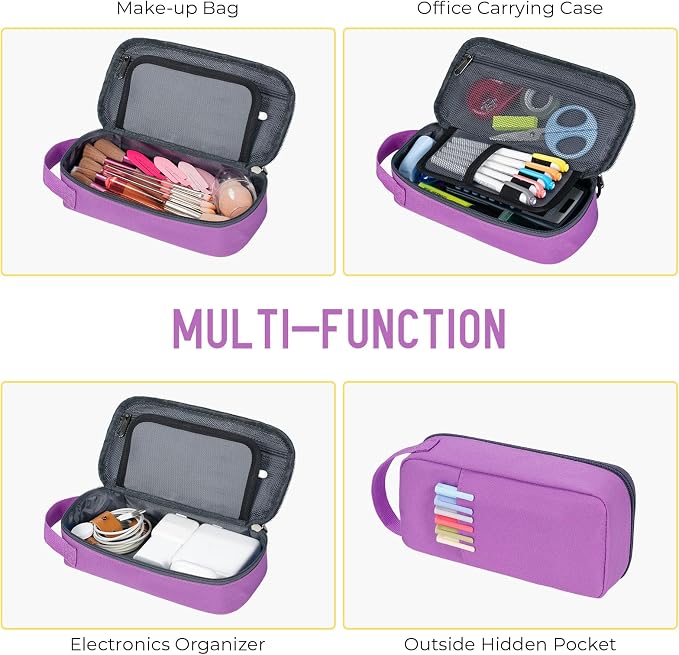 ECHSRT Large Capacity Pencil Case with Hidden Pocket, 1200D Oxford Fabric Zipper Pencil Pouch with Handle, Multi-Pocket Stationery Organizer for Office, College, Travel and Daily Carry, Purple