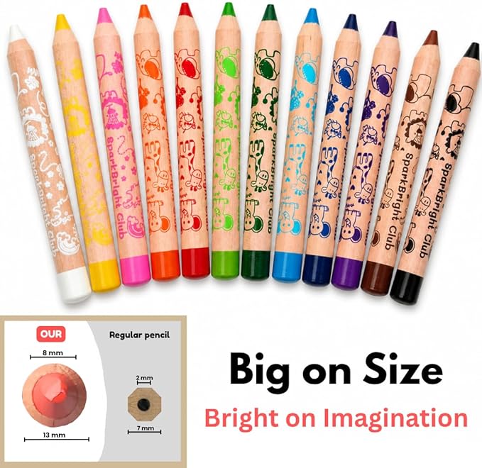 Sparkbright Club Jumbo Colored Pencils for Toddlers Ages 2-4 - 3-in-1 Wooden Pencil, Crayon & Watercolor | 12 Non-Toxic Colors, Break-Resistant 8mm Core, Easy-Grip for Kids & Preschool, Pre-Sharpened