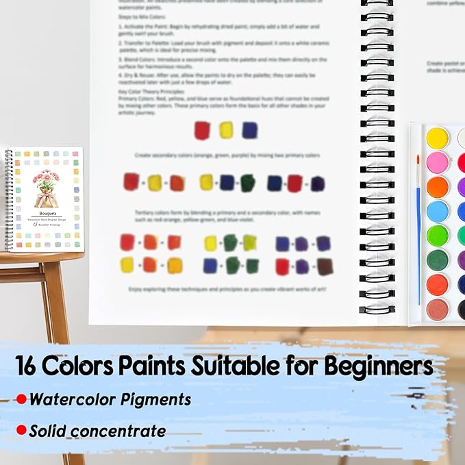 SLWBZ Watercolor Workbook Bouquets, 15 Different Patterns of Original DIY Designs, 16 Color Watercolor Paint Plates with Palette and Brush, Beginner-Friendly Watercolor Workbooks, Bouquets