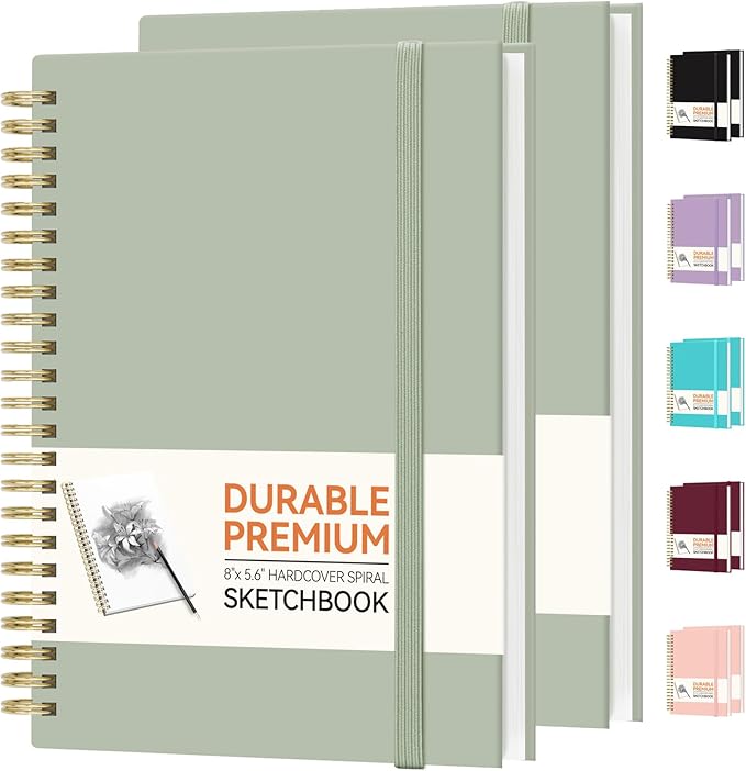 Forvencer 2 Pack Blank Spiral Notebook, 8"x 5.6"Hardcover Sketch Book, 100GSM Thick Paper, Art Sketchbook for Women & Adult, 100 pages / 50 Sheets Drawing Book Journal for School Office Drawing, Green