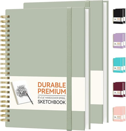 Forvencer 2 Pack Blank Spiral Notebook, 8"x 5.6"Hardcover Sketch Book, 100GSM Thick Paper, Art Sketchbook for Women & Adult, 100 pages / 50 Sheets Drawing Book Journal for School Office Drawing, Green