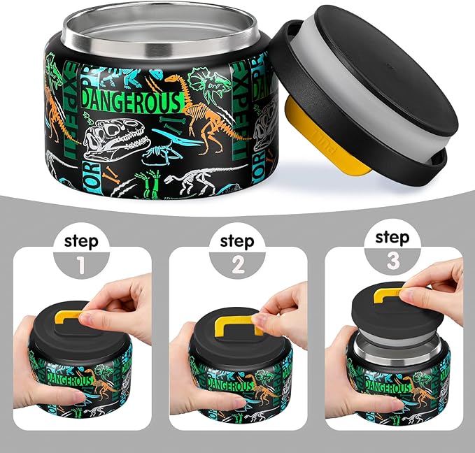 JXXM 8 Oz Thermo Food Jar for Hot & Cold Food for Kids, Insulated Lunch Containers Hot Food Jar,Leak-Proof Vacuum Stainless Steel Wide Mouth Lunch Soup Thermo for School (Black-Dinosaur Fossils)