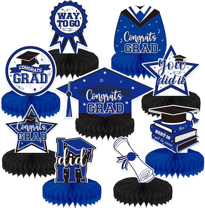 9Pcs Graduation Table Decorations - Blue and Black Graduation Centerpieces for Tables Congrats Grad Honeycomb Centerpieces Congratulate Table Toppers Grad Party Decorations, Class of 2026 Decor