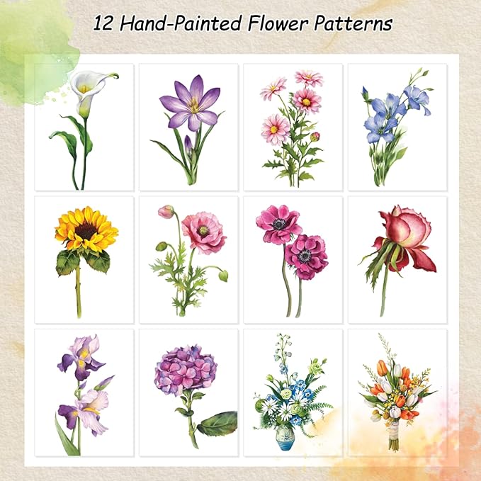 Watercolor Workbook for Beginners - Water Colors Paint Adult Set Including Video and Step by Step Tutorials,12 Flowers Water Coloring Book，300GSM Bleed-Resistant Paper，Relaxing Art Gift for Adults (Floral without Paints)