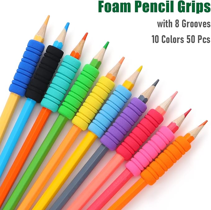 50 Pcs Pencil Grips for Kids and Adults Handwriting, Comfort Pencil Grippers for Writing Aid, Mechanical Pencil Holder Cushion with 8 Grooves, Foam Finger Grips, 10 Colors
