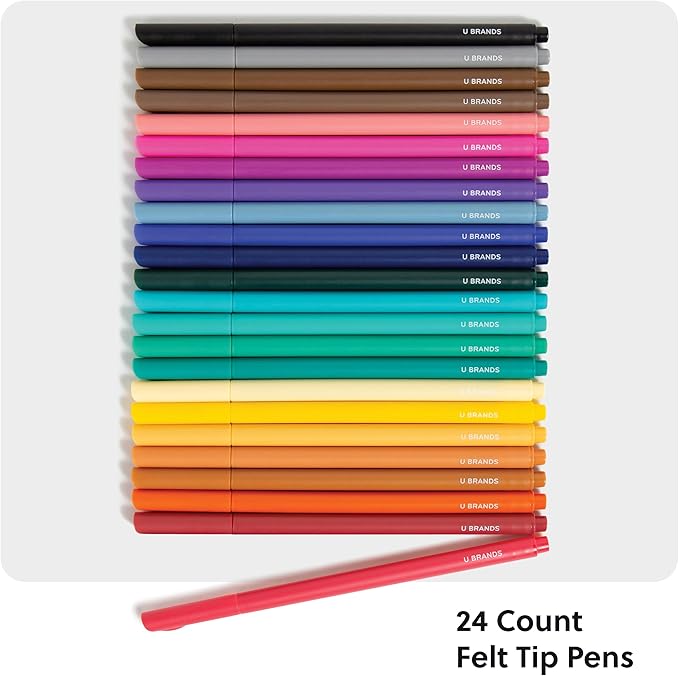 U Brands Fine Liners Felt Tip Pens, Set of 24, Fine (0.5 mm) Point, Assorted Colors