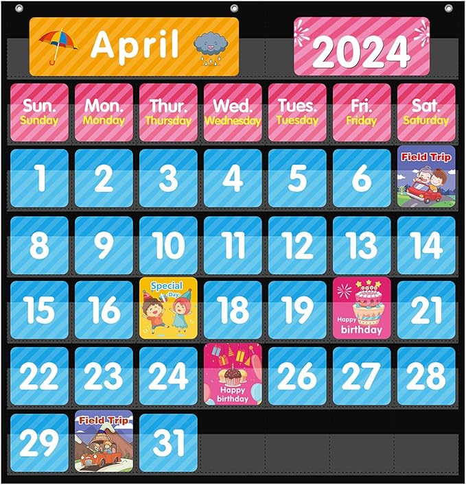REGELETO Large 44 Pockets Calendar Pocket Chart for Classroom with 85 Cards, Size:25” X 24” Monthly Calendar and Weather Black Pocket Chart for Students Learning for Home or School (44 Pockets)