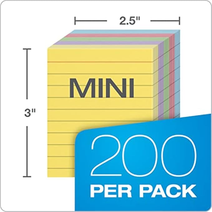Oxford Mini Ruled Index Cards, Ruled, 3". x 2.5" , Assorted Colors, 200 ea
