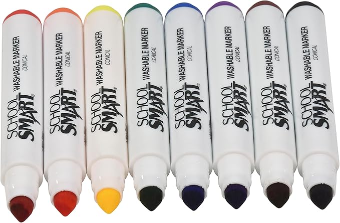 School Smart Conical Tip Washable Markers for School, Home, and More, Assorted Colors, Pack of 8