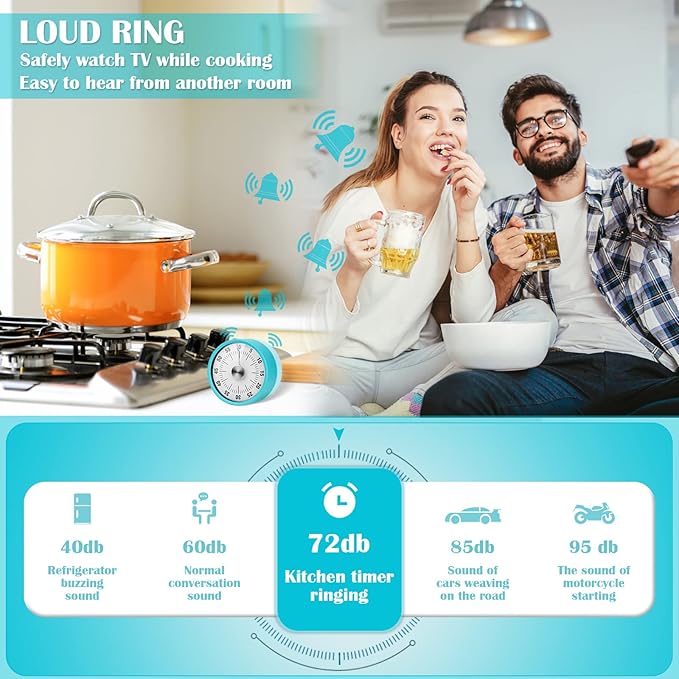Kitchen Timer, 60-Minute Visual Timer for Kids & Adults, Wind Up Timer with Magnetic Backing, Loud Ring Timers for Classroom, Study, Cooking, Exercise