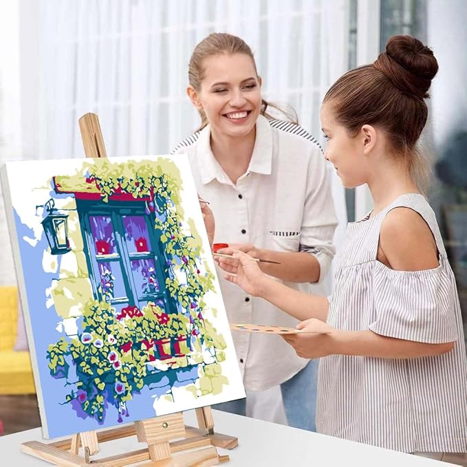 4 Pack Paint by Numbers for Adults with Framed Canvas - with Wooden Easel, Beach Paint by Number on Canvas, DIY Flower Landscape Acrylic Oil Painting Kits with Brushes for Home Wall Decor (8x12 inch)