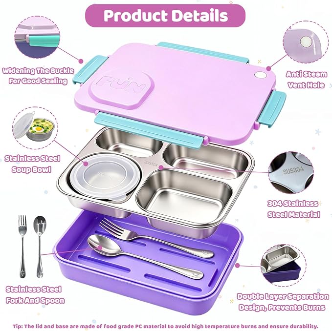 Kids Stainless Steel Lunch Box,304 Stainless Toddler Leak-Resistant Insulated Metal Bento Box,Suitable Schools,Office,Use Comes With An Independent Soup Cup,Tableware,4 Compartments (Purple) ﻿