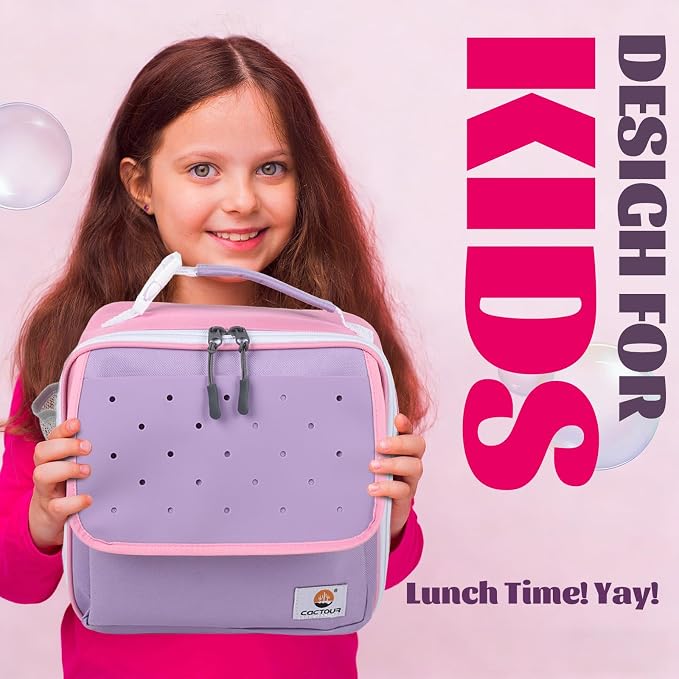 CaCTOUR Lunch Box Kids,Fun Color Lunch Box for Girls,Large Soft Cooler Lunch Bag for Kids,Back to School Thermal Insulated Lunch Tote Bag for School Daycare Outdoor (Light Purple)