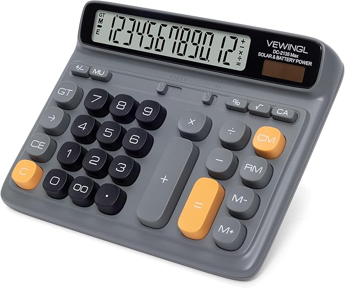 VEWINGL Desktop Calculator with Extra Large LCD Display, 12-Digit Dual Power Solar & Battery Calculator, Big Button Office Calculator for Accounting, Home, School & Business Use (Charcoal Gray)