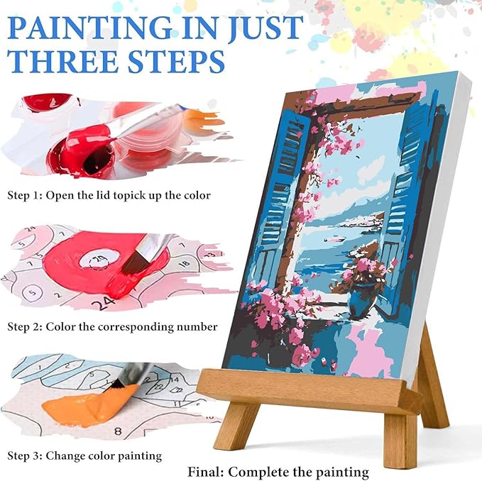4 Pack Paint by Numbers for Adults with Framed Canvas - with Wooden Easel, Beach Paint by Number on Canvas, DIY Flower Landscape Acrylic Oil Painting Kits with Brushes for Home Wall Decor (8x12 inch)
