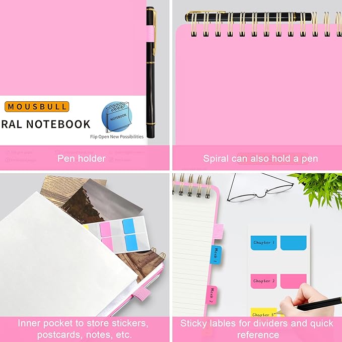 Top Spiral Notebook, A4 Hardcover Top Bound Steno Pads, 240 Pages 100gsm College Ruled Left Handed Notebook Journal for Work, School, Meeting Writing - Pink, 8.5" x 11"