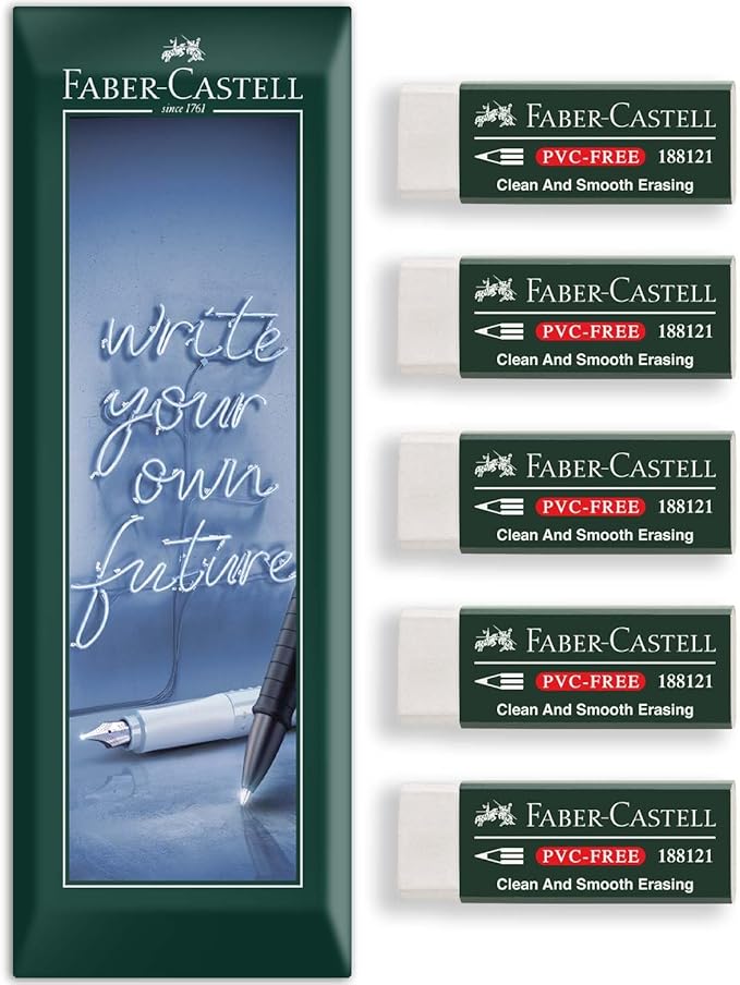 Faber-Castell PVC-Free Eraser | 7081N White Eraser | Soft, Clean, Smear-Free, Non-Toxic Erasing for School, Office & Art – in Envelope Packaging – Pack of 5