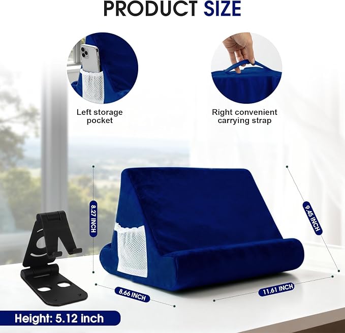 2pcs Multi-Angle Tablet Holder Cushion Stand with Net Pocket & Black Color Phone Stands Upgraded Tablet Pad Support for Phone,Pad,Books (Navy Blue)