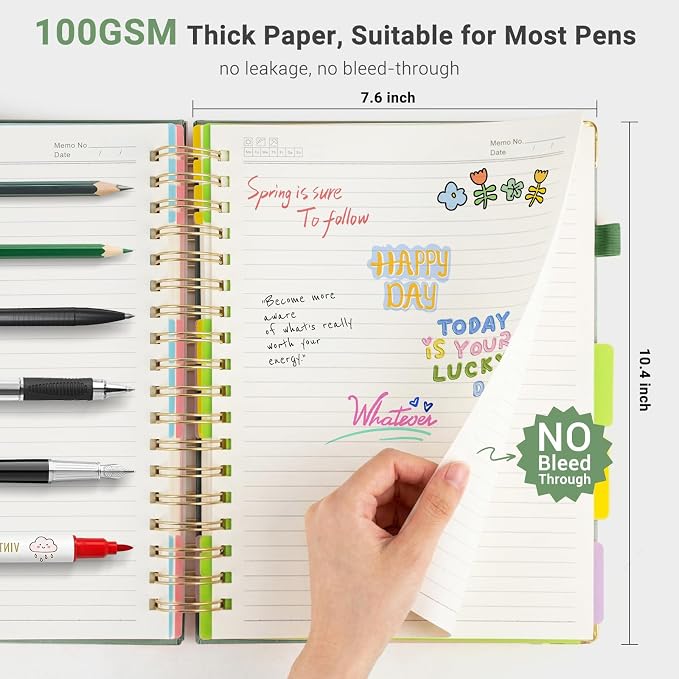 Hardcover Spiral Journal Notebook, 300 Pages 5 Subject Notebook College Ruled with Removable Dividers Tabs, 8" x 10" Notebooks for Work, Spiral Ruled Lined Writing Journal Hardcover Leather Notebook for School (Matcha Green, 8''x 10'')