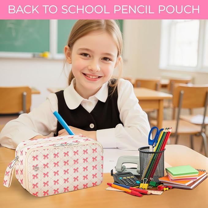 WOBAGMEN Cute Pencil Case,Large Corduroy Zippered Pencil Case Pouch, aesthetic Pencil Bag with Compartments, Pencil Pouch School Supplies (HY-corduroy pc-pink bow)