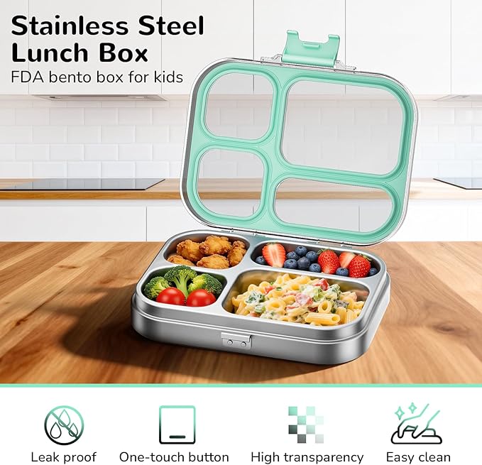 G.a HOMEFAVOR Stainless Steel Lunch Box - 4 Compartments Bento Box for Kids, Leakproof Food Container for School, Office, Dishwasher Safe, BPA-Free, 800 ml/27 oz, Green