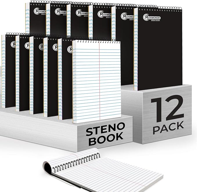 Rosmonde 12 Pack Spiral Steno Pads, 6 x 9, Gregg Rule, Black Steno Pad, Long Lasting - 80 Sheets (160 Pages), Top Spiral Notebook, Bulk Steno Notebook for Business, Top Spiral Steno Book for Office