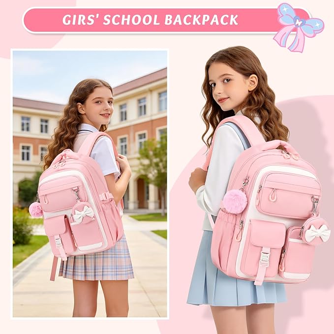 MUSEVOS Kids Backpack for Girls Aged 6-14, Kindergarten Elementary Middle School Backpack, Cute Bookbag Multi-Compartment, Water-resistant